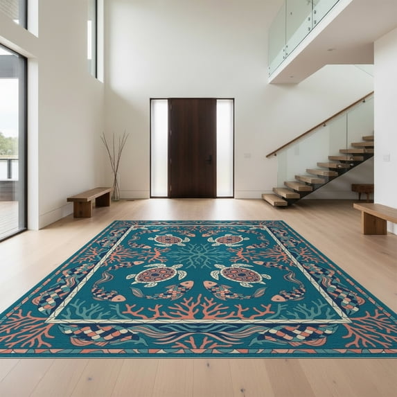 Design&I 9'x12' Washable Area Rug Snag-Free Coral Reef Nautical Border Motifs Marine Ocean Fish Turtle Mosaic Playful for Dining Room, Basement, Large Office
