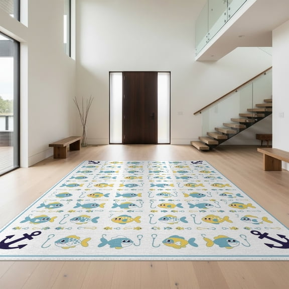 Design&I 9'x12' Washable Area Rug Snag-Free Fish Smiling Fishing Creatures Hook Decorative Hunting Animals for Dining Room, Basement, Large Office