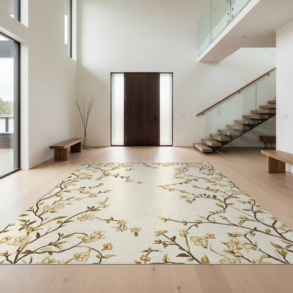 Design&I 9'x12' Washable Area Rug Snag-Free Neutral Botanical Vine Scattered Delicate Sprigs Beige Cream for Dining Room, Basement, Large Office