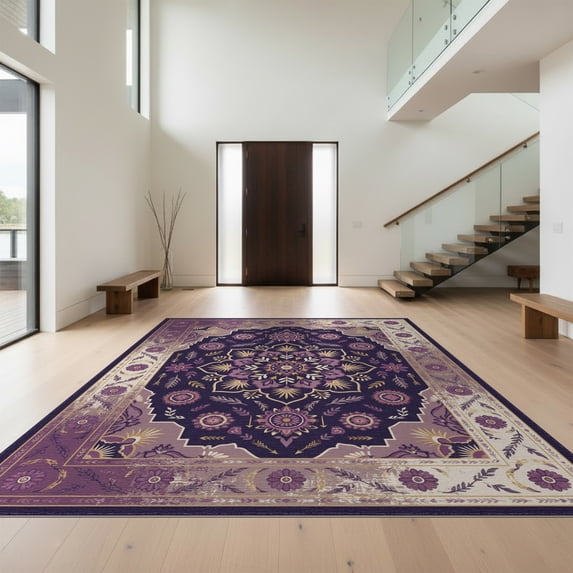Design&I 9'x12' Washable Area Rug Snag-Free Purple Showcasing Para Traditional Decorative Artwork Bedside for Dining Room, Basement, Large Office