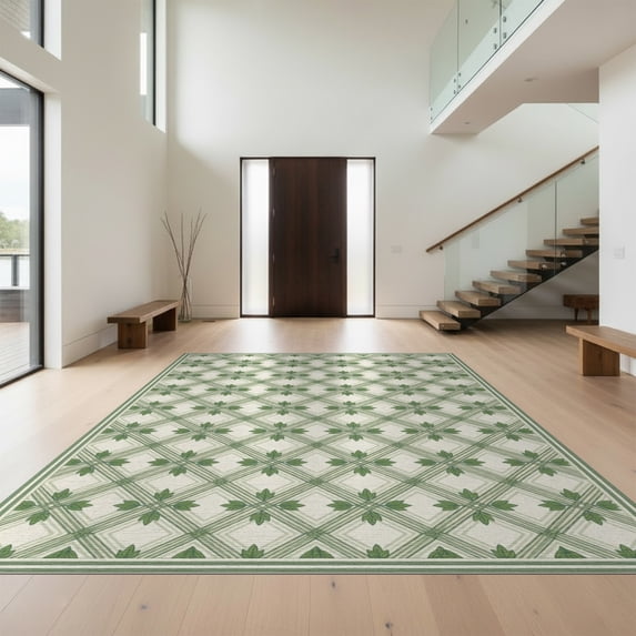 Design&I 9'x12' Washable Area Rug Snag-Free Sage Cream Symmetrical Border Network Balanced Framework Bathroom for Dining Room, Basement, Large Office