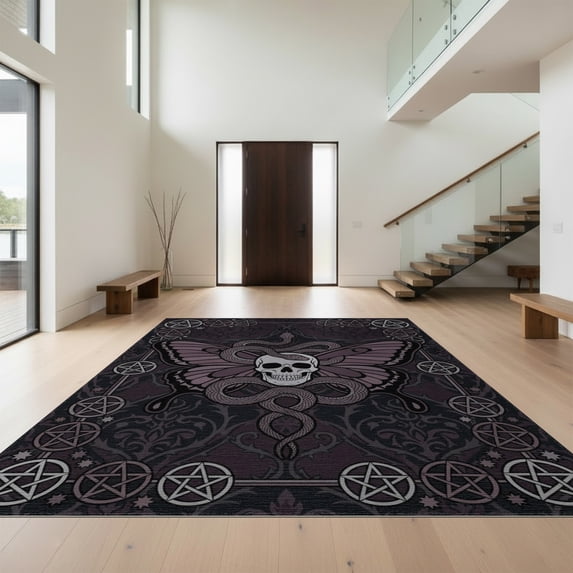 Design&I 9'x12' Washable Area Rug Snag-Free Skull Moth Whimsigoth Pentagram Border Moody Snake Gothic Round Playful for Dining Room, Basement, Large Office