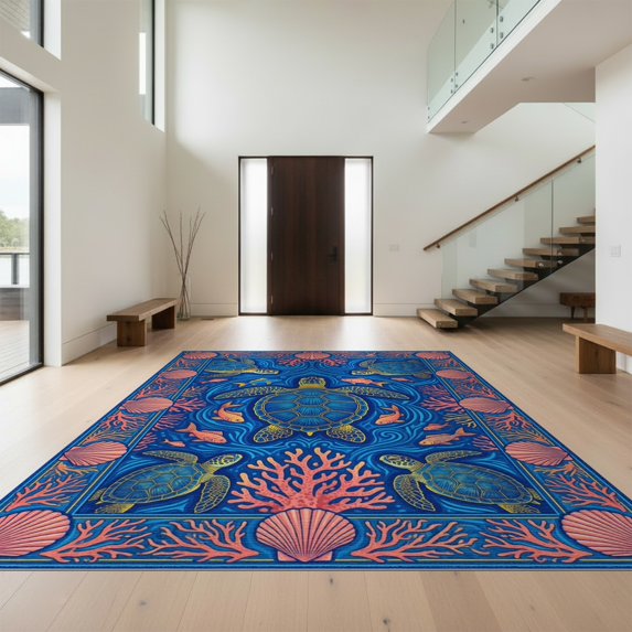 Design&I 9'x12' Washable Area Rug Snag-Free Tropical Fish Marine Life Design With Seashell Coral Border Sea Turtle Refined for Dining Room, Basement, Large Office