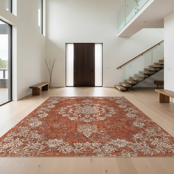 Design&I 9'x12' Washable Area Rug Snag-Free Vintage Throw Traditional Damask Distressed Vine Border Hippie Flowing Dynamic for Dining Room, Basement, Large Office
