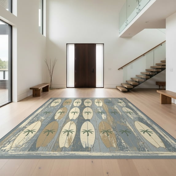 Design&I 9'x12' Washable Area Rug Surf Surfboard Distressed Plank Border Print Stripe Nautical for Master Suite, Under Bed, Sleek Flatweave Pet Friendly