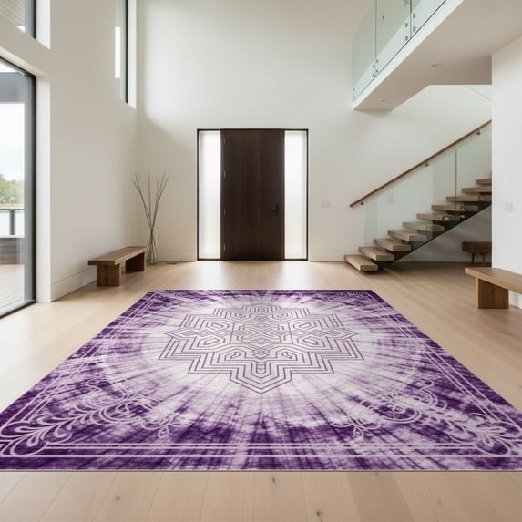 Design&I 9'x12' Washable Area Rug Tie Dye Interlocking Motif Marbled Gradient Contemporary Purple for Great Room, Large Living Giant Skid-Resistant