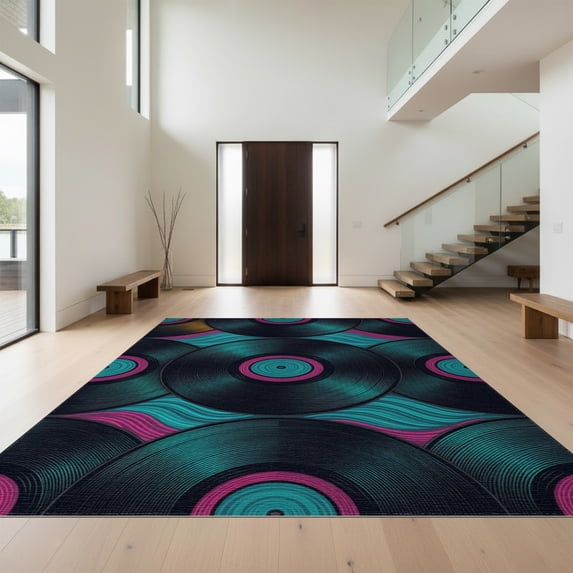 Design&I 9'x12' Washable Area Rug Vinyl Record Cd Retro Funky Wave Tapete Redondo Groovy Wet Music Refined for Great Room, Large Living Giant Skid-Resistant
