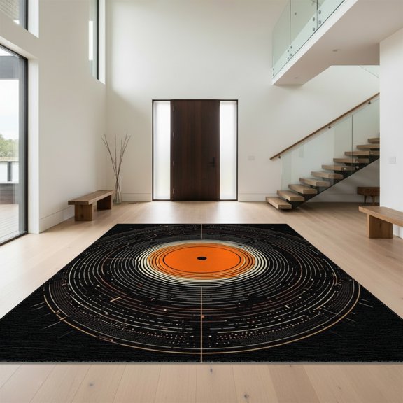 Design&I 9'x12' Washable Area Rug Vinyl Record Retro Music Design With Bold Spinning Disc Motif for Master Suite, Under Bed, Sleek Flatweave Pet Friendly