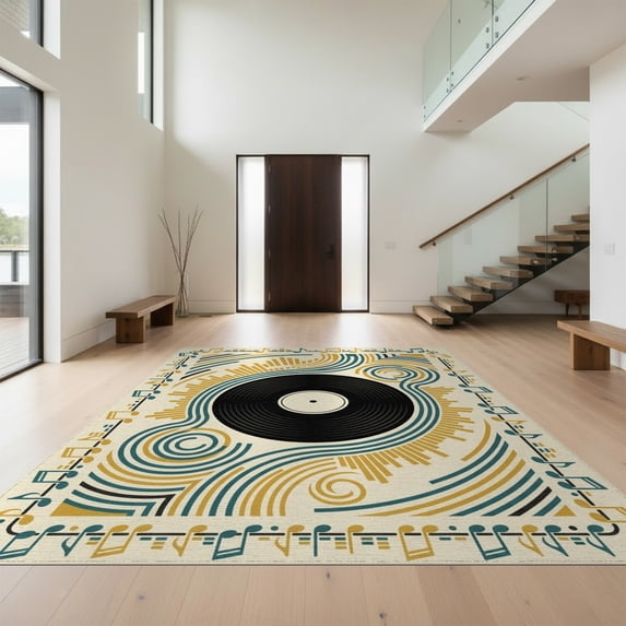 Design&I 9'x12' Washable Area Rug Wet Funky Vinyl Musical Cd Circle Symmetrical Beat Tapete Redondo for Dining Room, Basement, Large Office, Snag-Free