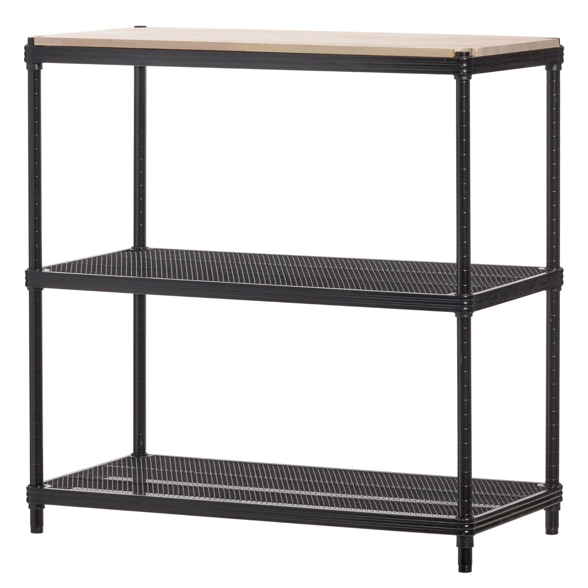 Black Steel Mesh 3-Tier Adjustable Shelving Unit with Wood Top