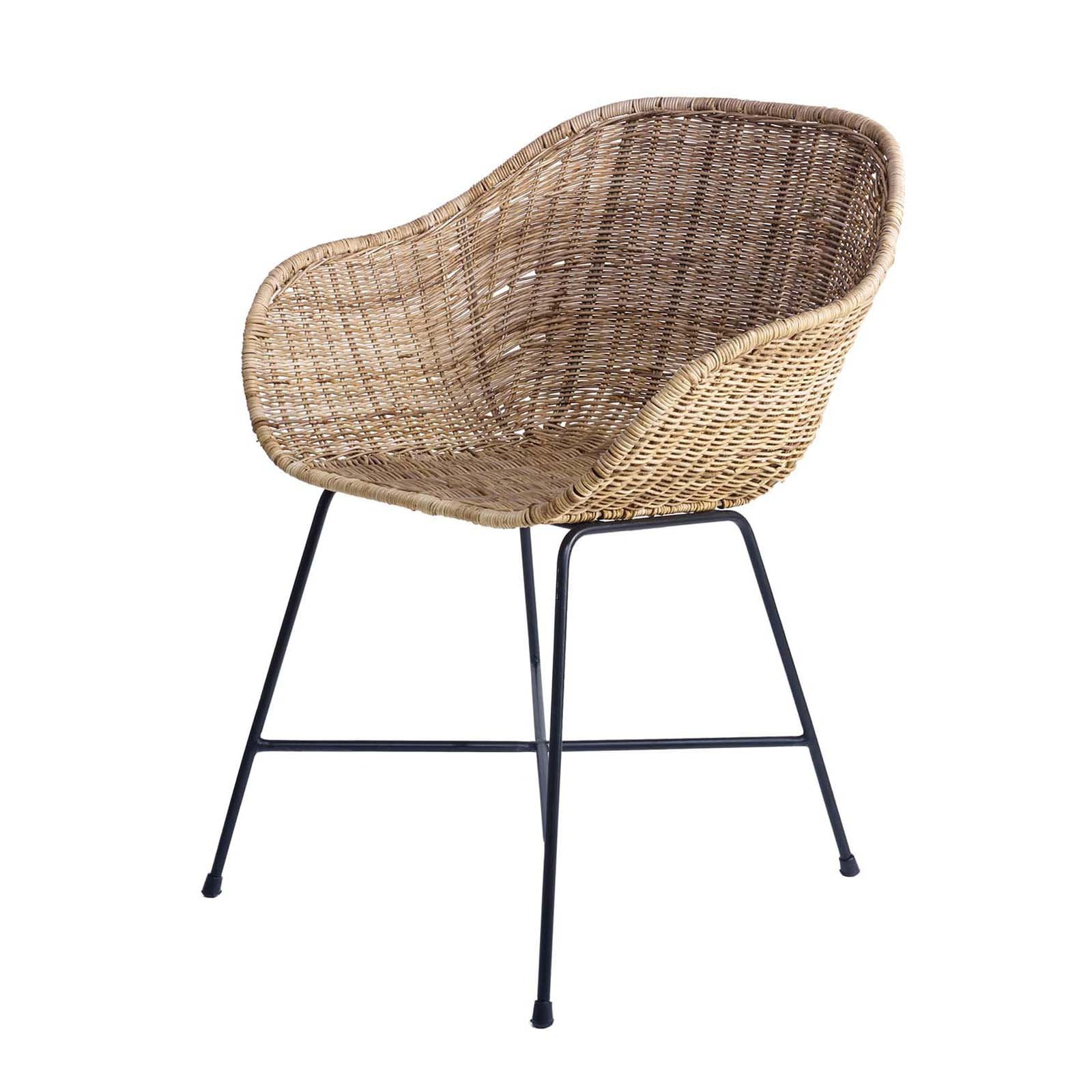 Natural Woven Rattan Arm Chair with Black Metal Legs