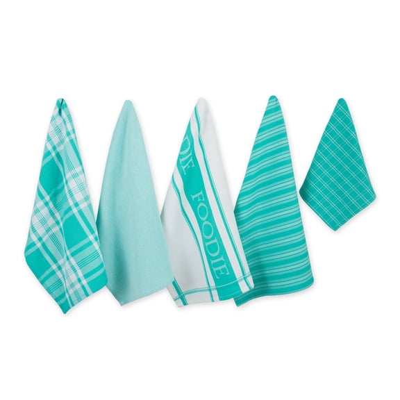 DII Foodie Everyday Dishtowel & Dishcloth Set 5 Piece, Teal, DT 18x28", DC 13x13"