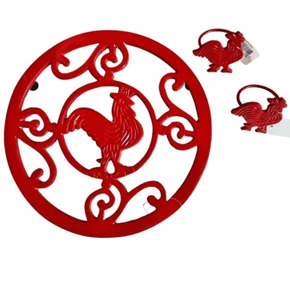 Design Imports Red Rooster Trivet & 2 Matching Rooster Napkin Rings