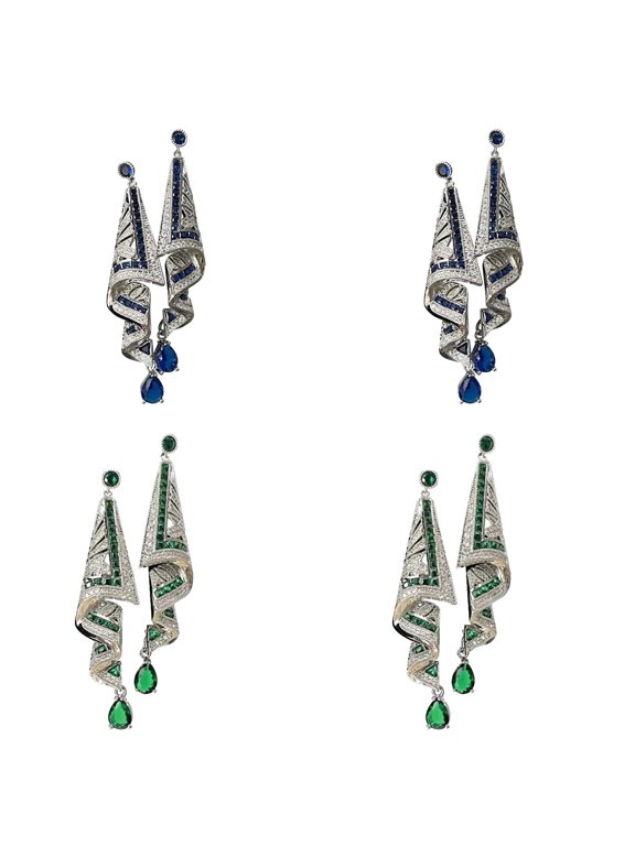 Design Jewelry Design Retro Satin Style Earrings High End Blue Green Gemstone Decorative Temperament Earrings, 5.5 cm, Black & Green 2Packs