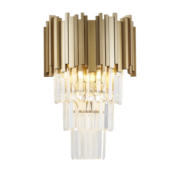 Design Living 3-Light Brushed Gold Stainless Steel Wall Sconce With Clear Hanging Crystals