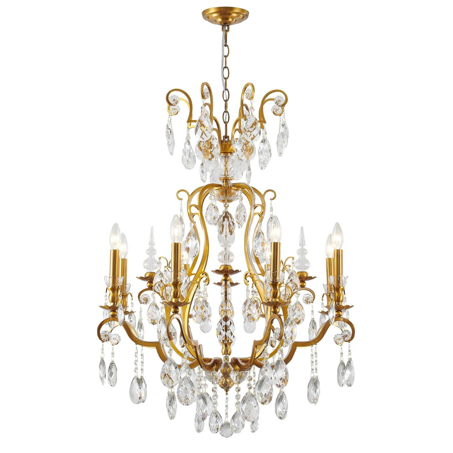Antique Brass and Crystal 9-Light Empire Chandelier