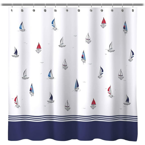 Design Nautical Theme Fabric Shower Curtain, Navy Blue and Sailboats Color Block Stripes Shower Curtains Bathroom Decor Tapestry for Boys Children