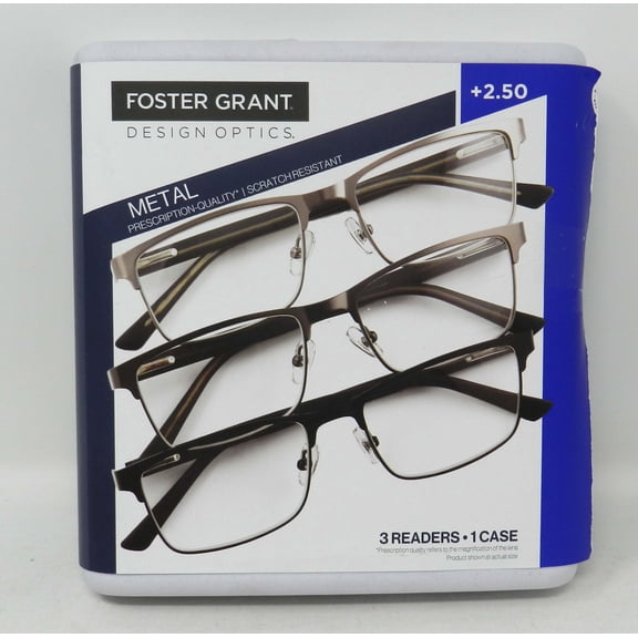 Design Optics By Foster Grant Kyne Full Metal Square +2.50 Reading Glasses 3 Ct
