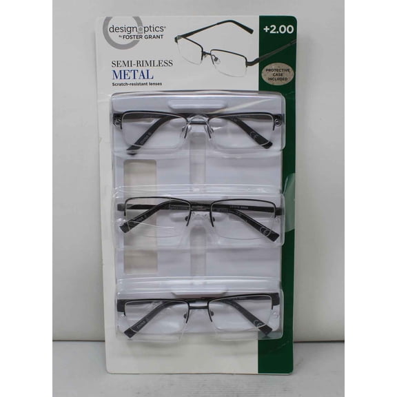 Design Optics By Foster Grant Semi-Rimless Metal Reading Glasses +2.00, 3 Count