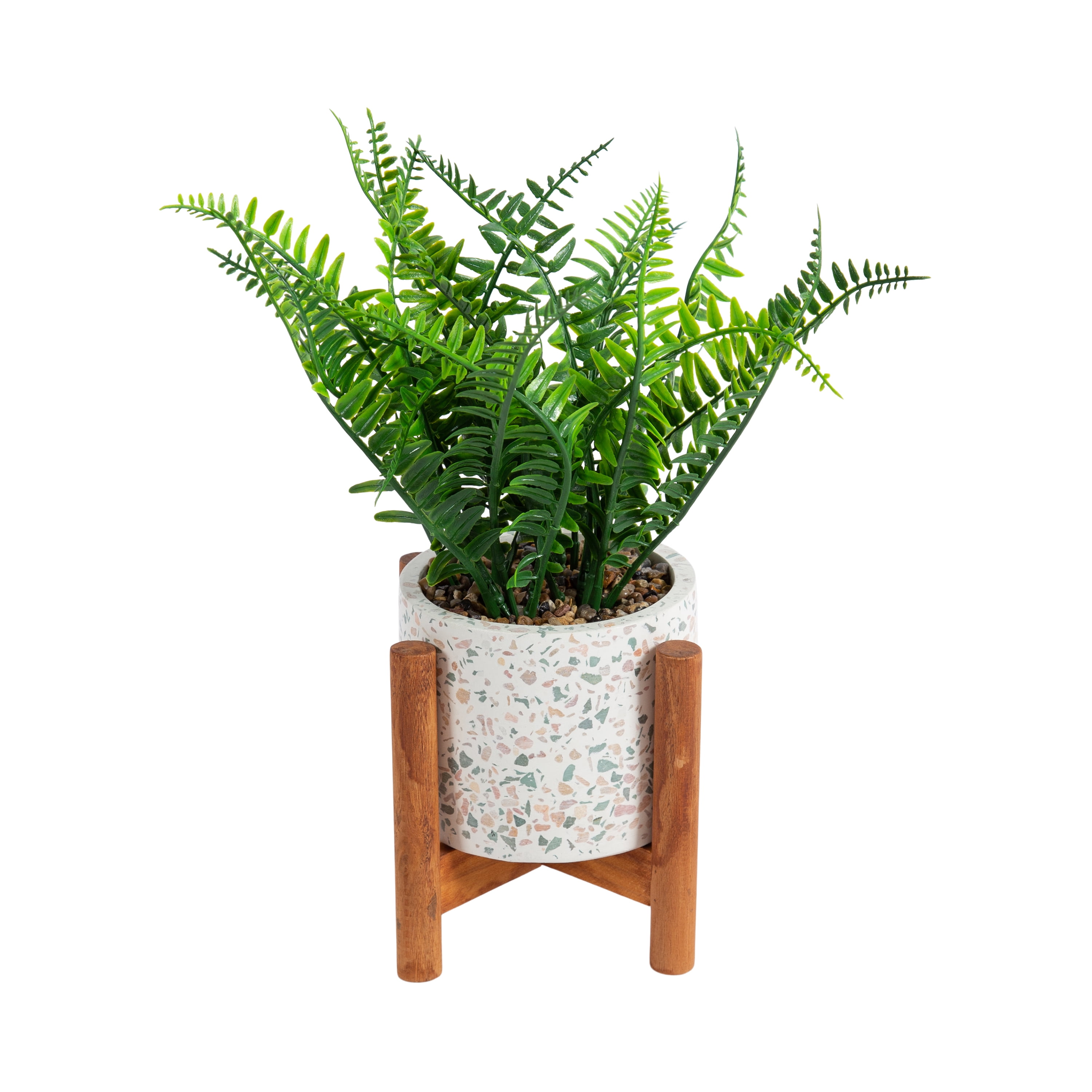Design Ovation 10.5” x 3.875” Artificial Fern in Terrazo w/ Wooden Stand Plant Container