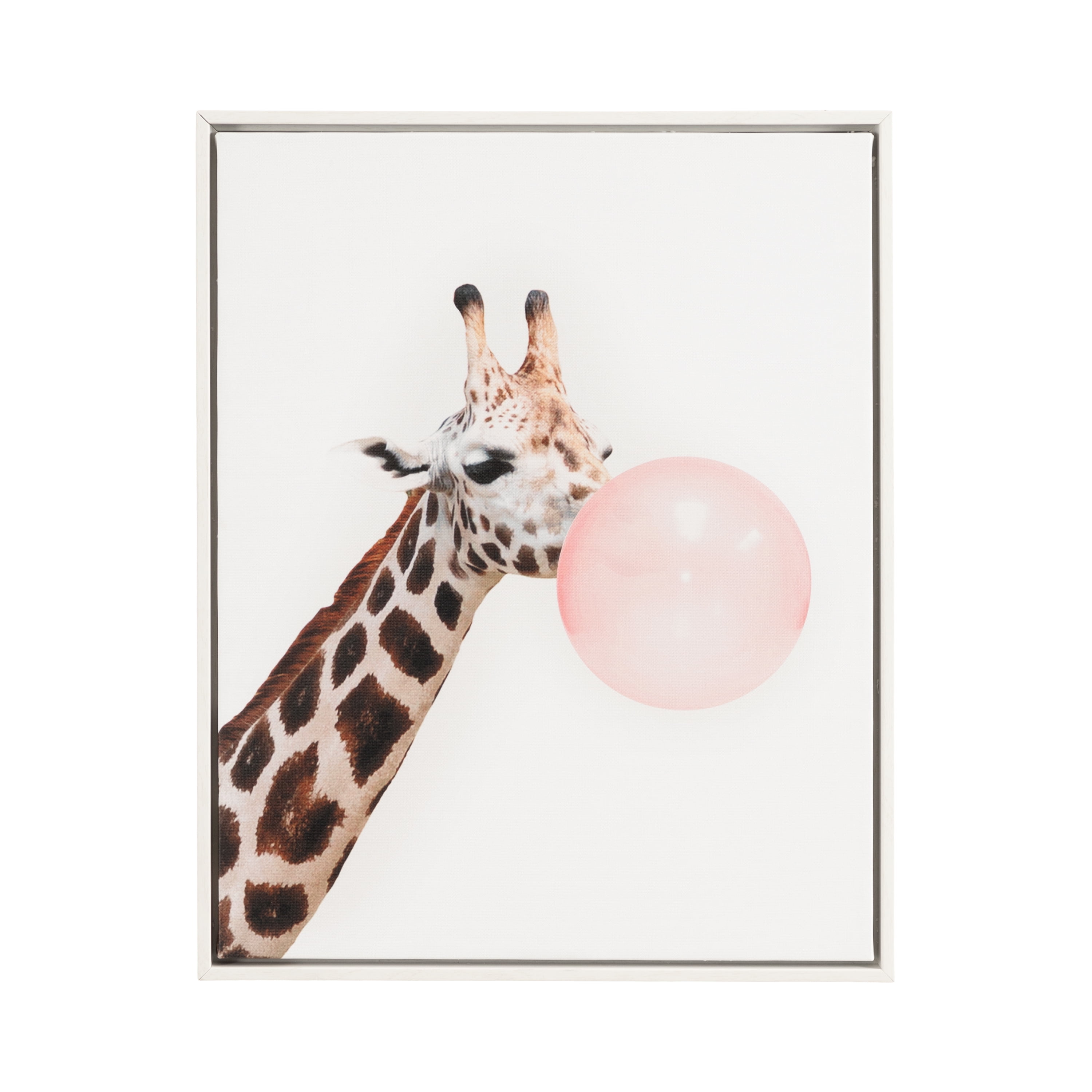 DesignOvation Funny Giraffe With Bubble Gum 16"x 20" Framed Canvas Art Print by July Art Prints