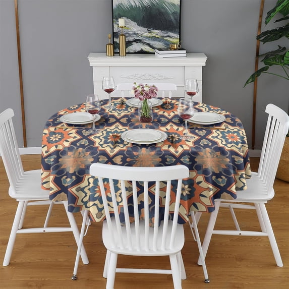 Design Pattern Round Tablecloth 60 Inch – Waterproof Polyester Table Cover with Full Print Design, Wrinkle Resistant & Washable for Kitchen Dining Party Decor