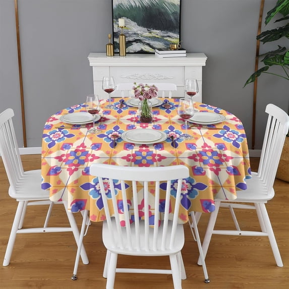 Design Pattern Round Tablecloth 60 Inch – Waterproof Polyester Table Cover with Full Print Design, Wrinkle Resistant & Washable for Kitchen Dining Party Decor