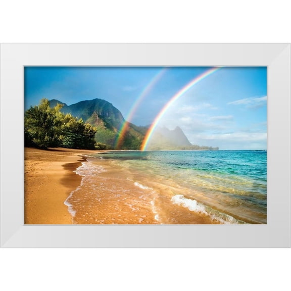 Design Pics 14x11 White Modern Wood Framed Museum Art Print Titled - A double rainbow over the coastline of a Hawaiian island Haena-Kauai-Hawaii