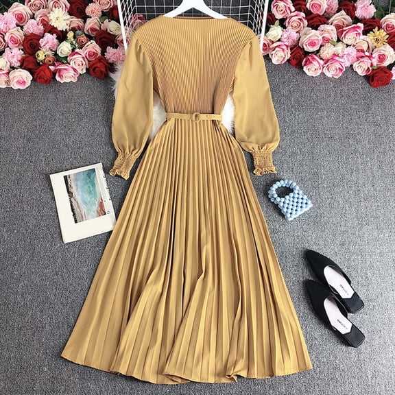 Design: Pleated Skirt Pressed Pleats Waist Thin Temperament Light Mature Style Women's New Spring French Dress Long Style Cute Short Dresses Women Casual Dress Denim Maxi Dresses for Women Long Sleeve