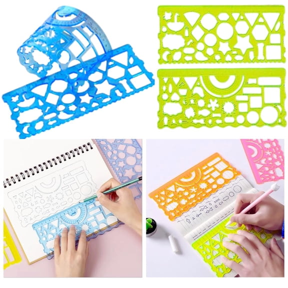 Design Ruler 2-In-1 Set 12 Transparent Multicolor Scales With Geometric Shapes & Circle Templates