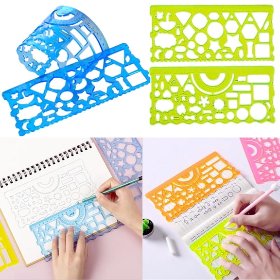 Design Ruler 2-In-1 Set 24 Transparent Multicolor Scales With Geometric Shapes & Circle Templates