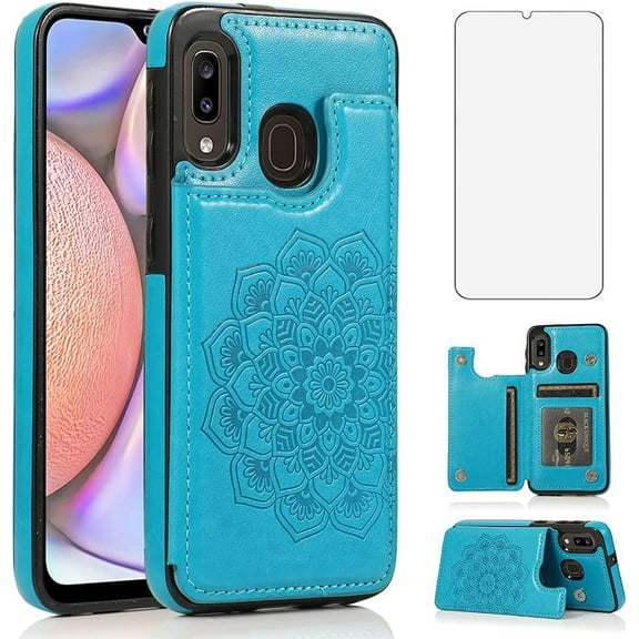 Design for Samsung Galaxy A20/A30/M10S Case with Tempered Glass Screen Protector Credit Card Holder Slot, Leather Wallet Phone Cases Stand Kickstand Protective Cover for Glaxay A 20 30 Women Blue