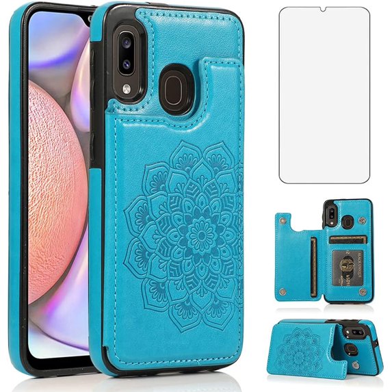 Design for Samsung Galaxy A20/A30/M10S Case with Tempered Glass Screen Protector Credit Card Holder Slot, Leather Wallet Phone Cases Stand Kickstand Protective Cover for Glaxay A 20 30 Women Blue