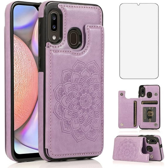 Design for Samsung Galaxy A20/A30/M10S Case with Tempered Glass Screen Protector Credit Card Holder Slot, PU Leather Wallet Phone Cases Kickstand Protective Cover for Glaxay A 20 30 Women Purple