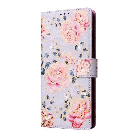 Design for Samsung Galaxy A32 5G 6.5 Inch Wallet Case with Kickstand Card Slots Bracket Magnetic Clasp Phone Cover, Flower Pattern Soft TPU Drop Resistant Wrist Strap Flip Folio Case,Pink Rose