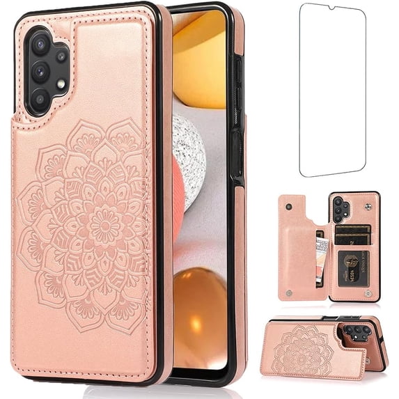 Design for Samsung Galaxy A42 5G Case with Tempered Glass Screen Protector Credit Card Holder Slot, PU Leather Wallet Phone Cases Stand Kickstand Protective Cover for Women Girls Rose Gold