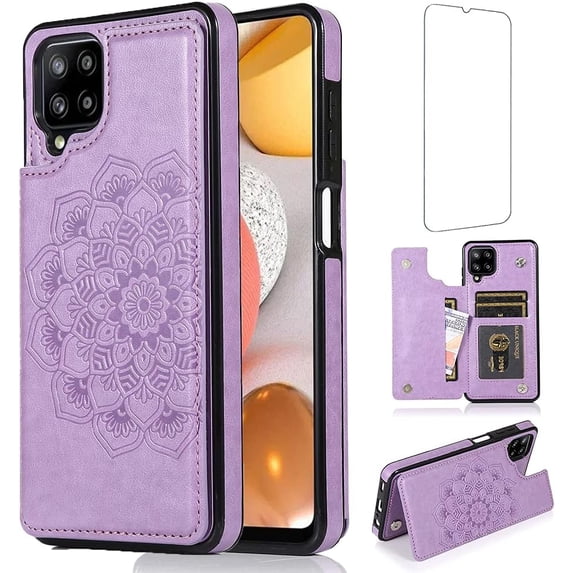 Design for Samsung Galaxy A42 5G Case with Tempered Glass Screen Protector Credit Card Holder Slot, PU Leather Wallet Phone Cases Stand Kickstand Protective Cover for Women Men Purple