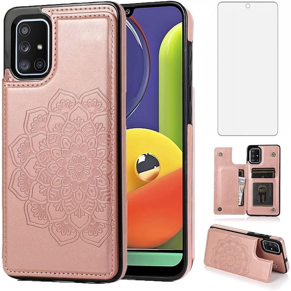 Design for Samsung Galaxy A51 (4G) Case with Tempered Glass Screen Protector Credit Card Holder Slot, PU Leather Wallet Phone Cases Kickstand Protective Cover for Glaxay A 51 Women Rose Gold