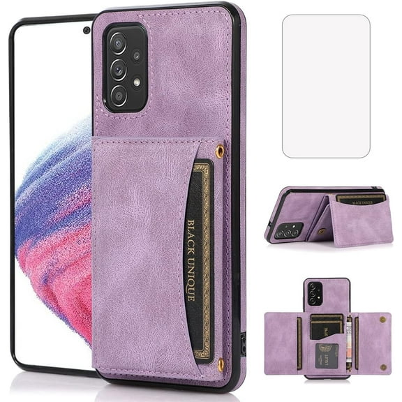Design for Samsung Galaxy A53 5G Wallet Case with Tempered Glass Screen Protector PU Leather Credit Card Holder Slot Phone Cases Kickstand Shockproof Protective Cover for Women 6.5 inch Purple