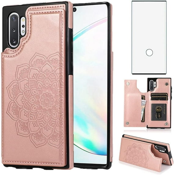 Design for Samsung Galaxy Note 10 Plus/10+ Wallet Case,PU Leather Phone Cases with Screen Protector Card Holder,Stand Shockproof Flip Protective Cover for Girls Women 6.8 inch Rose Gold