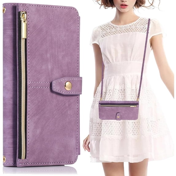 Design for Samsung Galaxy Note 10 Plus Crossbody Wallet Case with PU Leather Card Holder Slots Kickstand Magnetic Closure Flip Folio Zipper Handbag Cases Shockproof Protective Cover Women Purple