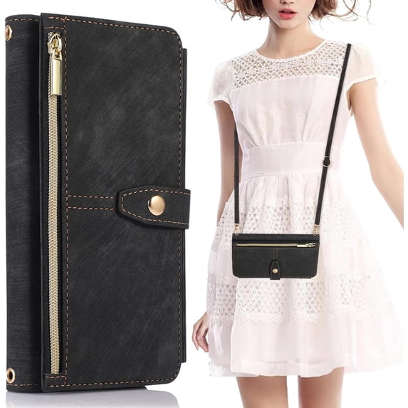 Design for Samsung Galaxy Note 10 Plus Crossbody Wallet Case with PU Leather Card Holder Slots Kickstand Magnetic Closure Flip Folio Zipper Handbag Cases Shockproof Protective Cover Men Black