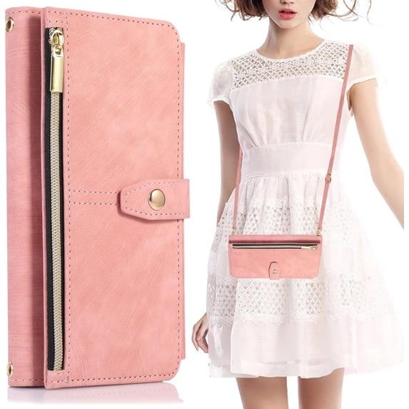 Design for Samsung Galaxy Note 10 Plus Crossbody Wallet Case with PU Leather Card Holder Slots Kickstand Magnetic Closure Flip Folio Zipper Handbag Cases Shockproof Protective Cover Women Rose gold