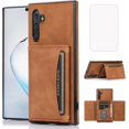 thumbnail image 1 of Design for Samsung Galaxy Note 10 Wallet Case with Tempered Glass Screen Protector PU Leather Credit Card Holder Slot Phone Cases Kickstand Shockproof Protective Cover for Women 6.3 inch Brown, 1 of 14