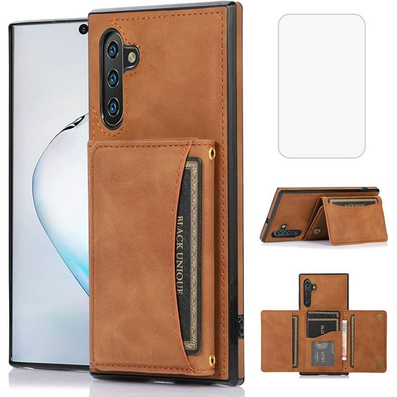 Design for Samsung Galaxy Note 10 Wallet Case with Tempered Glass Screen Protector PU Leather Credit Card Holder Slot Phone Cases Kickstand Shockproof Protective Cover for Women 6.3 inch Brown