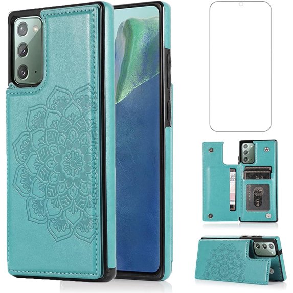Design for Samsung Galaxy Note 20 5G Wallet Phone Case with Tempered Glass Screen Protector Credit Card Holder Slot, Leather Stand Kickstand Magnetic Back Flip Protective Cover Cases Green