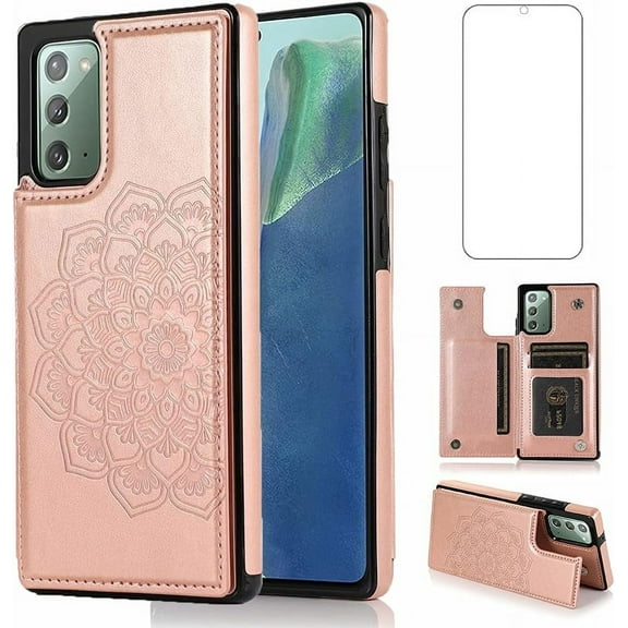 Design for Samsung Galaxy Note 20 5G Wallet Phone Case with Tempered Glass Screen Protector Credit Card Holder Slot, Leather Stand Kickstand Magnetic Back Flip Protective Cover Cases Rose gold