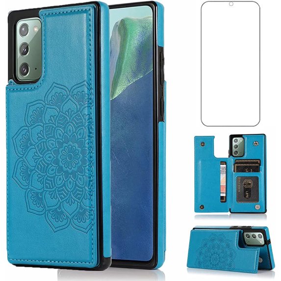 Design for Samsung Galaxy Note 20 5G Wallet Phone Case with Tempered Glass Screen Protector Credit Card Holder Slot, Leather Stand Kickstand Magnetic Back Flip Protective Cover Cases Blue