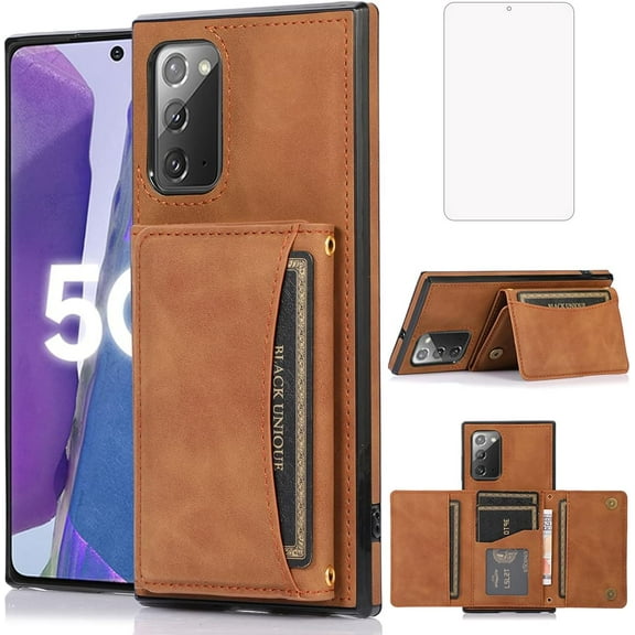 Design for Samsung Galaxy Note 20 Wallet Case with Tempered Glass Screen Protector PU Leather Credit Card Holder Slot Phone Cases Kickstand Shockproof Protective Cover for Women 6.7 inch Brown