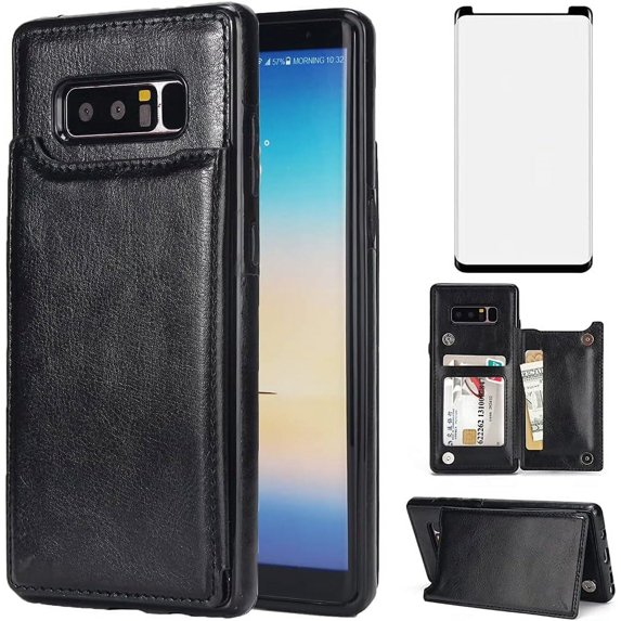 Design for Samsung Galaxy Note 8 Case with Tempered Glass Screen Protector Credit Card Holder Slot, PU Leather Wallet Phone Cases Stand Kickstand Protective Cover for Glaxay Note8 S8 Men Black
